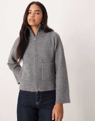 Gina Tricot - Strickjacke aus Wolle in meliertem Mittelgrau mit Taschen