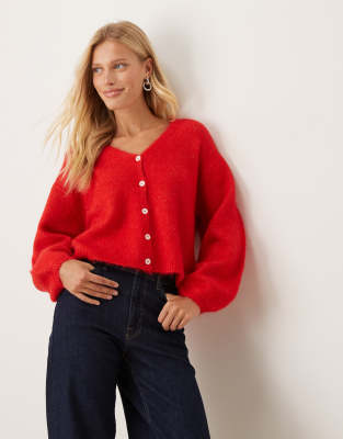 Gina Tricot - Strickjacke aus Wolle und Alpakawolle in Rot mit V-Ausschnitt