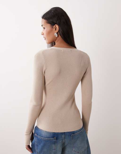 Gina Tricot – Strickjacke in neutralem Beige mit V-Ausschnitt, 3 von 4
