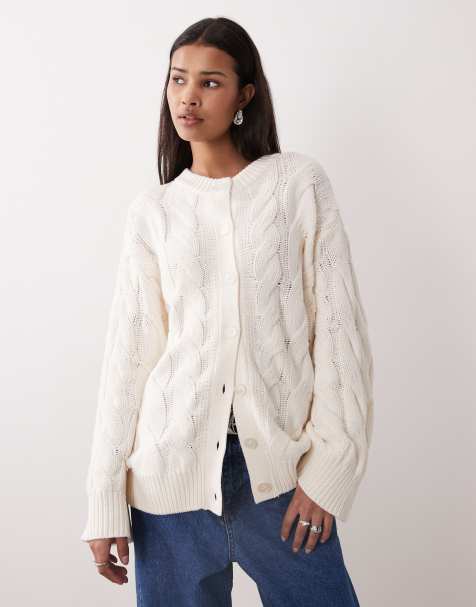 Gina Tricot – Strickjacke mit hohem Baumwollanteil in Weiß mit Zopfmuster - view 1