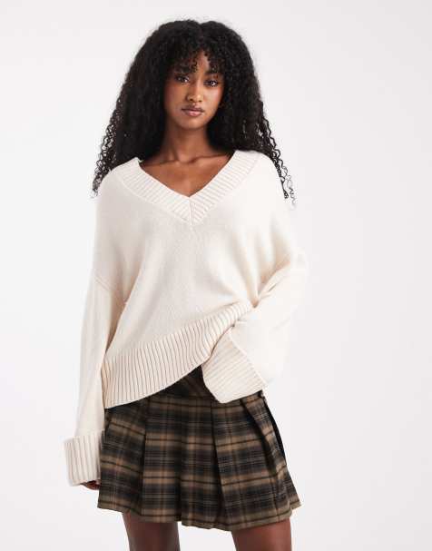 Gina Tricot – Strickpullover in Creme mit V-Ausschnitt und weiten Ärmeln - view 1