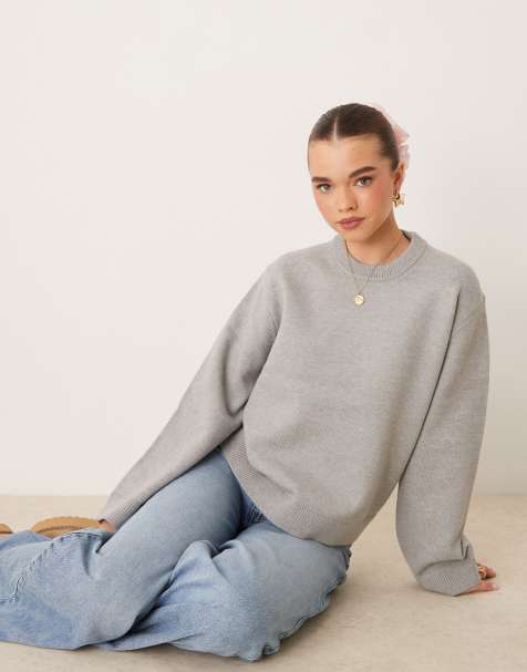 Gina Tricot – Strickpullover in Grau meliert mit Rundhalsausschnitt und weiten Ärmeln - view 1