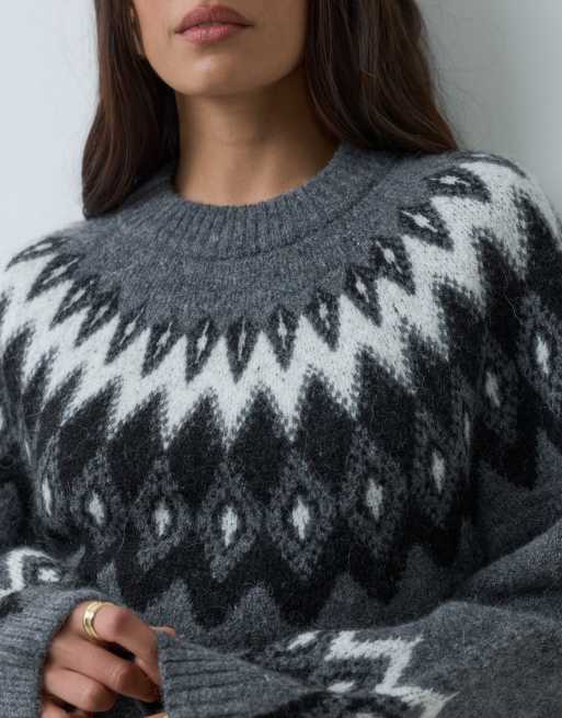 Gina Tricot Strickpullover mit Rundhalsausschnitt und Jacquard in Dunkelgrau, 4 von 5