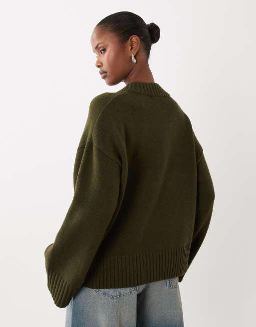 Gina Tricot Strickpullover mit Rundhalsausschnitt und weiten Ärmeln in Waldgrün, 4 von 4