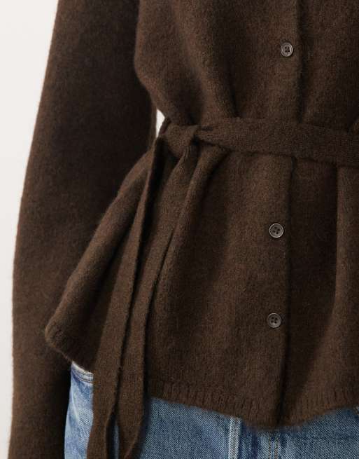 Gina Tricot strikcardigan med bindebånd i chokoladebrun, 3 af 4