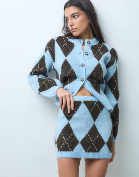 Gina Tricot strikket argyle-cardigan-sæt i blå og brun - view 1