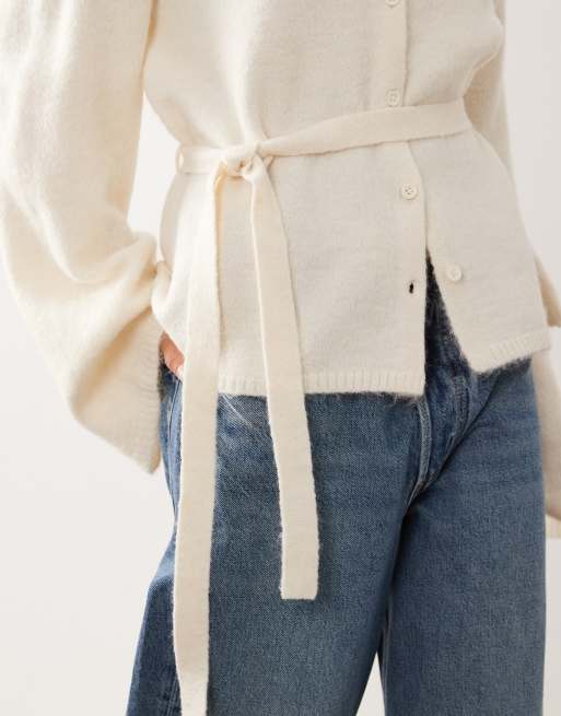 Gina Tricot strikket cardigan med bindebånd i creme, 3 af 4