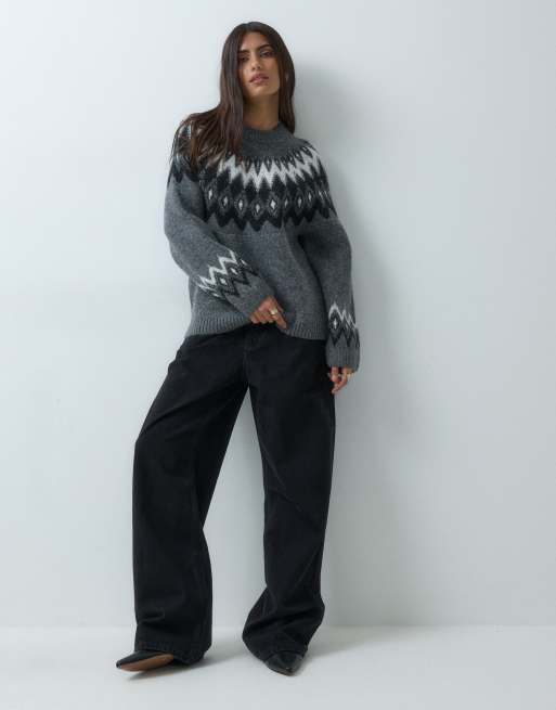 Gina Tricot striktrøje med rund hals og jacquard i mørkegrå, 3 af 5