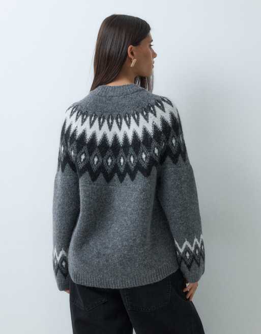 Gina Tricot striktrøje med rund hals og jacquard i mørkegrå, 5 af 5