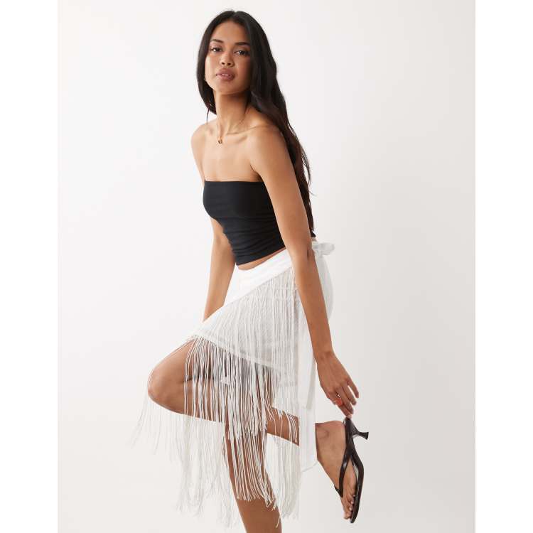 Gina Tricot structured fringe mini skirt in white stripes | ASOS
