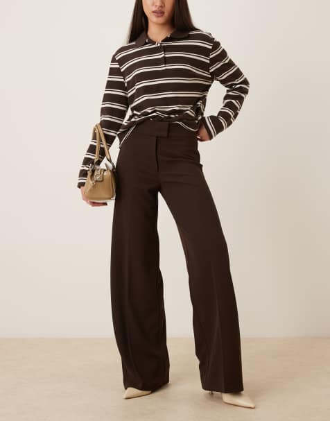 Gina Tricot structured jersey tailored pants in dark brown - view 1