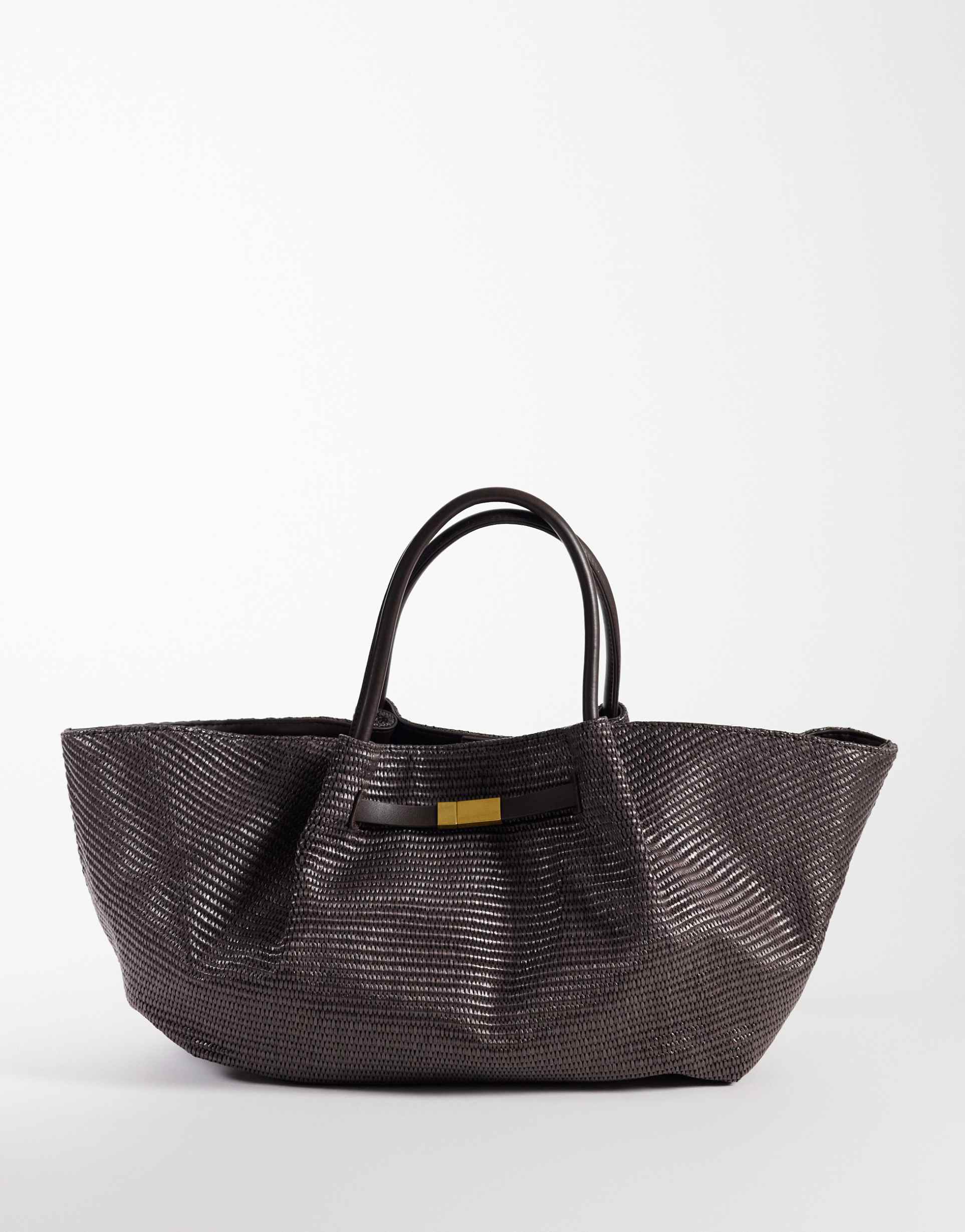gina tricot structured straw effect tote in dark brown