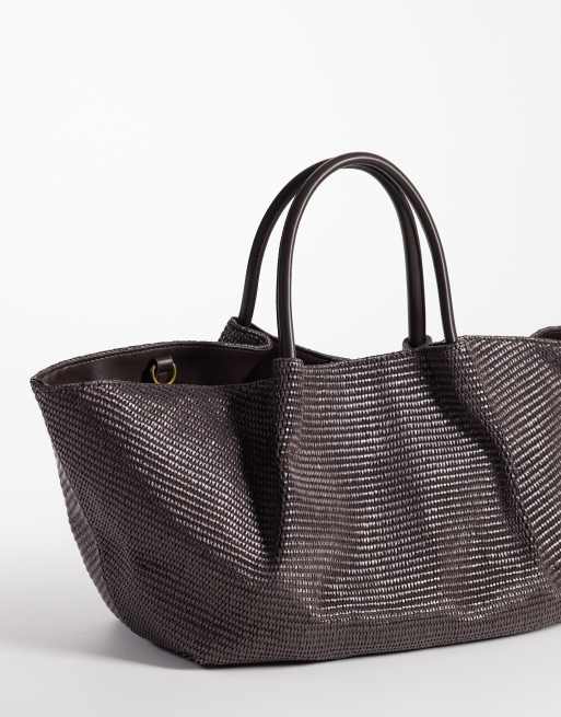 Gina Tricot structured straw effect tote in dark brown , 3 of 4