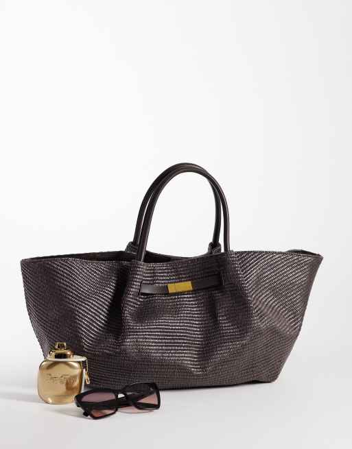 Gina Tricot structured straw effect tote in dark brown , 4 of 4