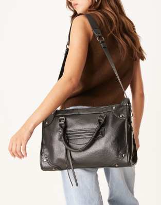 Gina Tricot Studded Large Top Handle Tote Bag With Cross Body Strap In Black