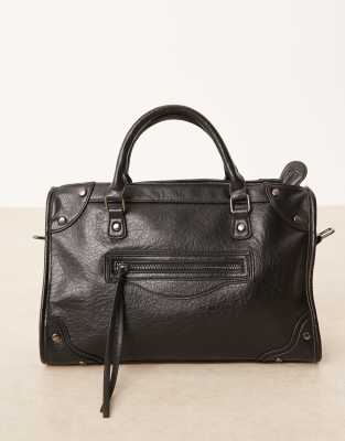 Gina Tricot Studded Large Top Handle Tote Bag With Cross Body Strap In Black