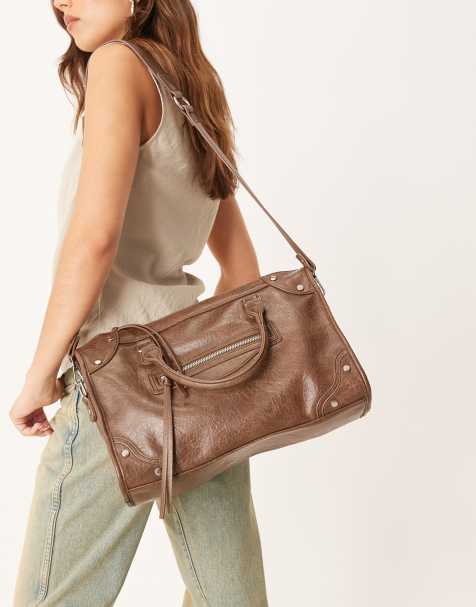 Gina Tricot studded large top handle tote bag with cross body strap in dark brown - view 1