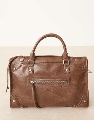 Gina Tricot Studded Large Top Handle Tote Bag With Cross Body Strap In Brown