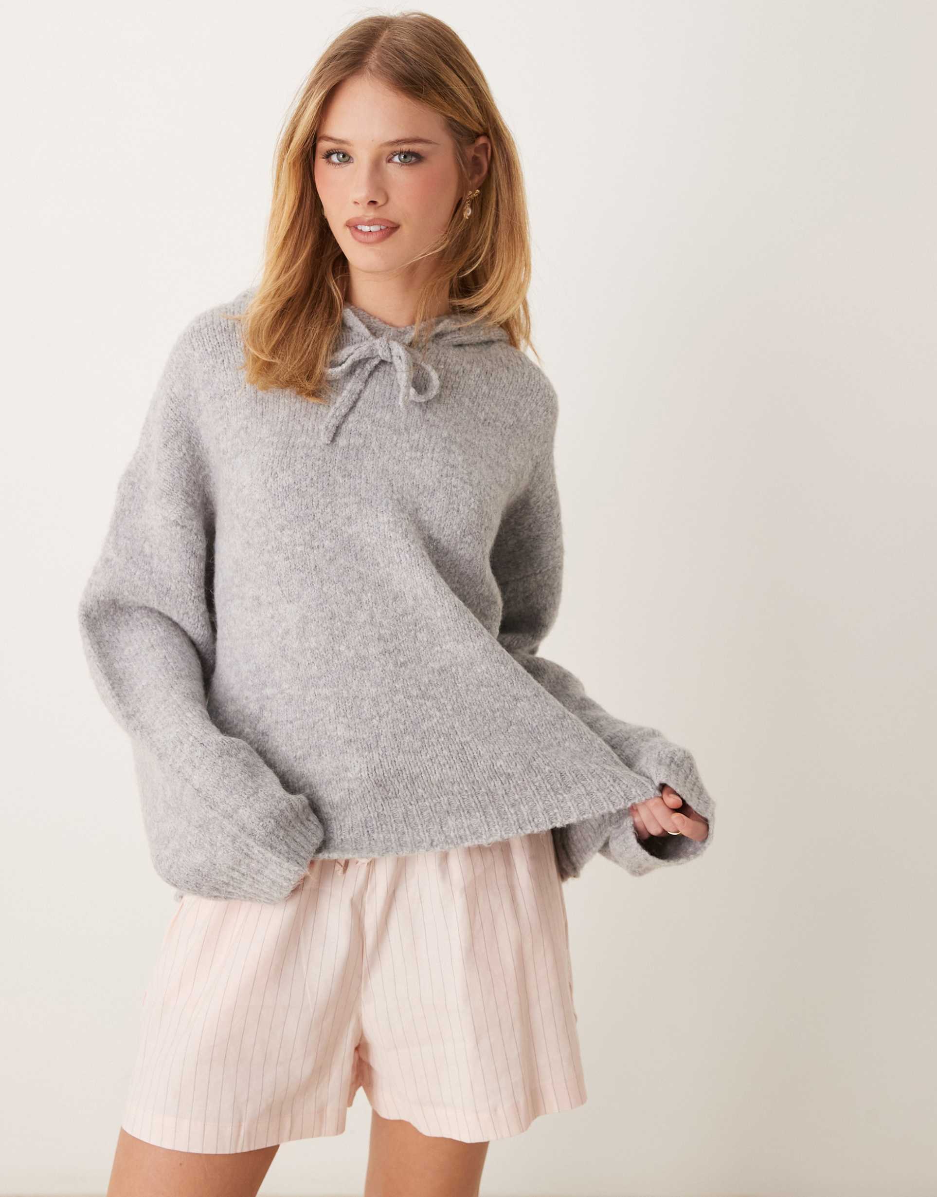 gina tricot super soft fluffy knit oversized hoodie in heather gray