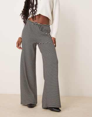 super soft jersey wide leg pants with drawstring waist in mono stripe-Multi