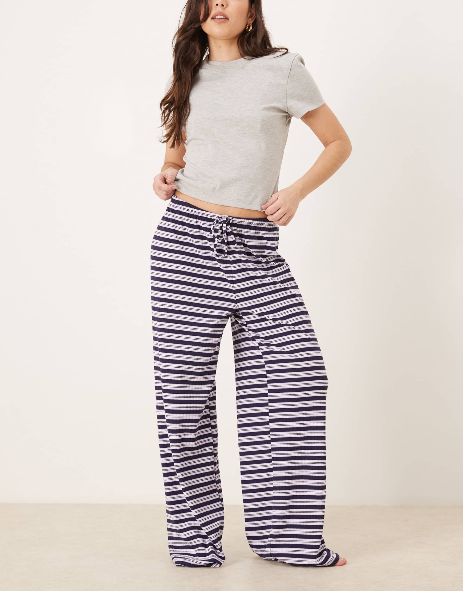 gina tricot super soft jersey wide leg pants with drawstring waist in purple stripe