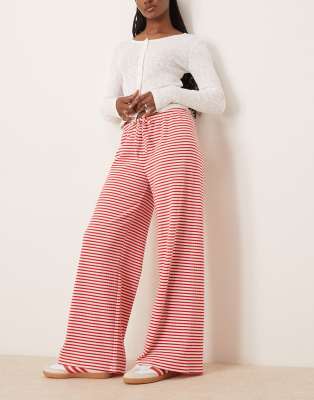 super soft jersey wide leg pants with drawstring waist in red and white stripes