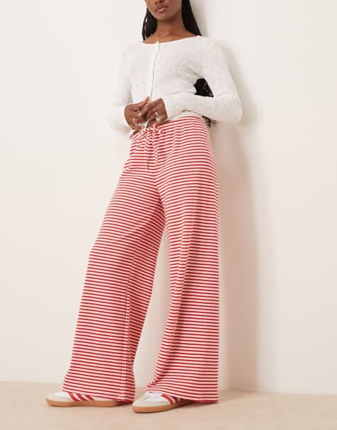 Gina Tricot super soft jersey wide leg pants with drawstring waist in red and white stripes - view 1