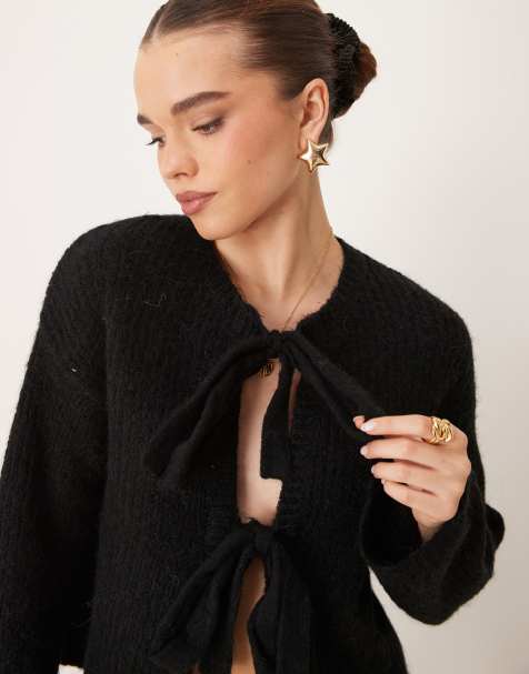 Gina Tricot supersoft front bow tie detail knitted rib cardigan in black - view 1
