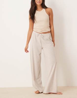 supersoft jersey wide leg pants with drawstring waist in beige and white stripes-Neutral
