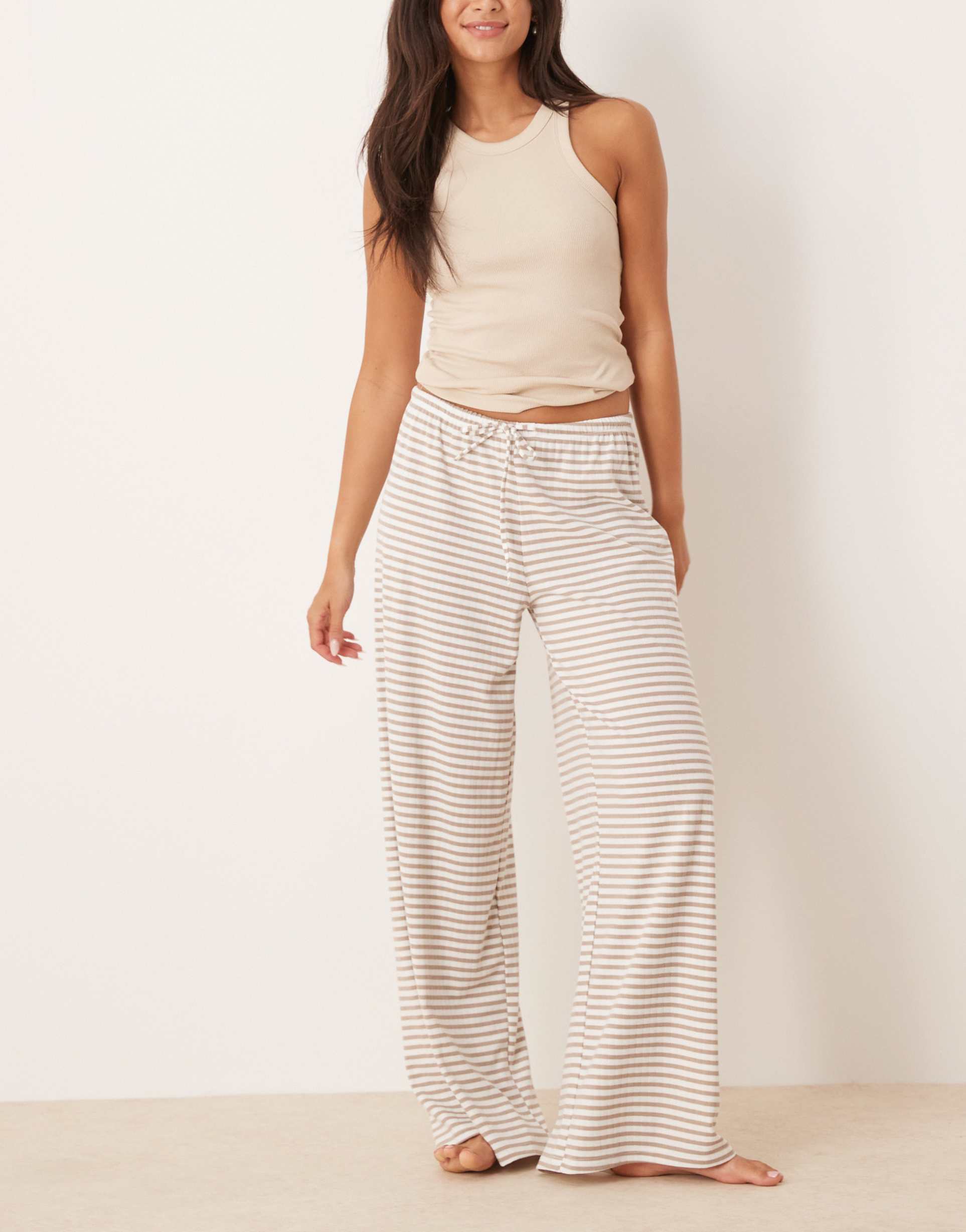 gina tricot supersoft jersey wide leg pants with drawstring waist in beige and white stripes