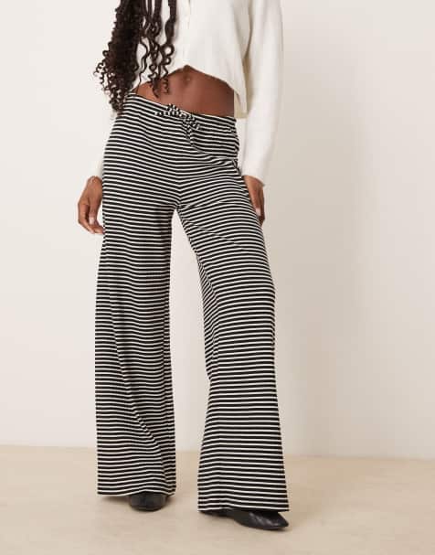 Gina Tricot supersoft jersey wide leg pants with drawstring waist in black and white stripe - view 1