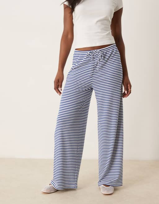 Gina Tricot super soft jersey wide leg pants with drawstring waist in blue and white stripe