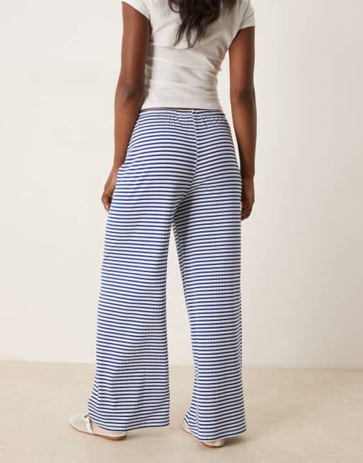 Gina Tricot super soft jersey wide leg pants with drawstring waist in blue and white stripe