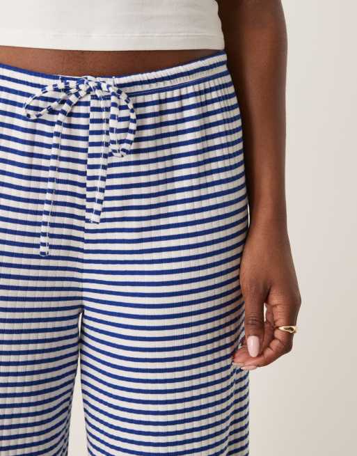 Gina Tricot super soft jersey wide leg pants with drawstring waist in blue and white stripe