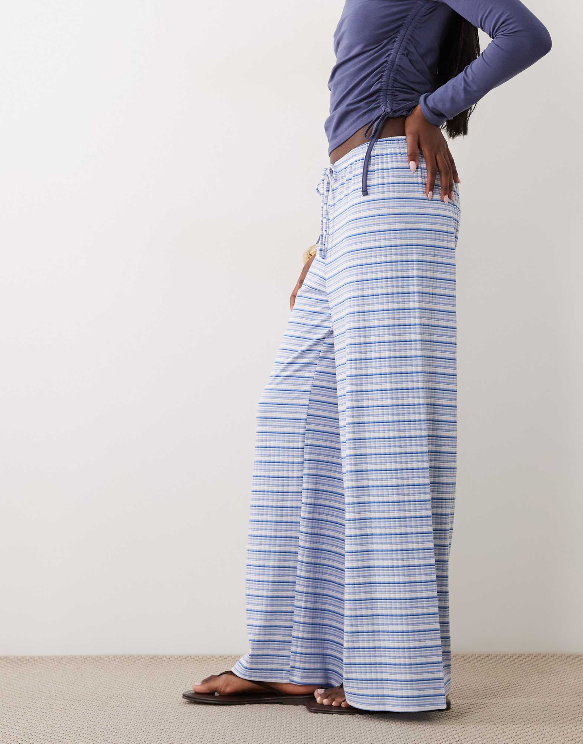 gina tricot supersoft jersey wide leg pants with drawstring waist in blue horizon stripe