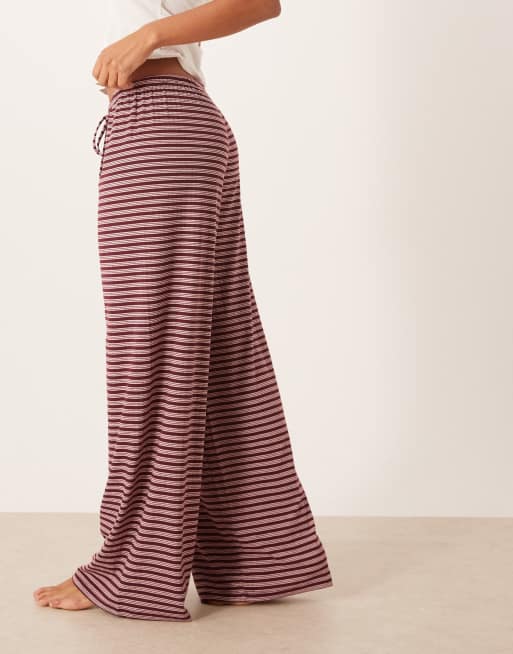 Gina Tricot supersoft jersey wide leg pants with drawstring waist in burgundy red and pink stripes