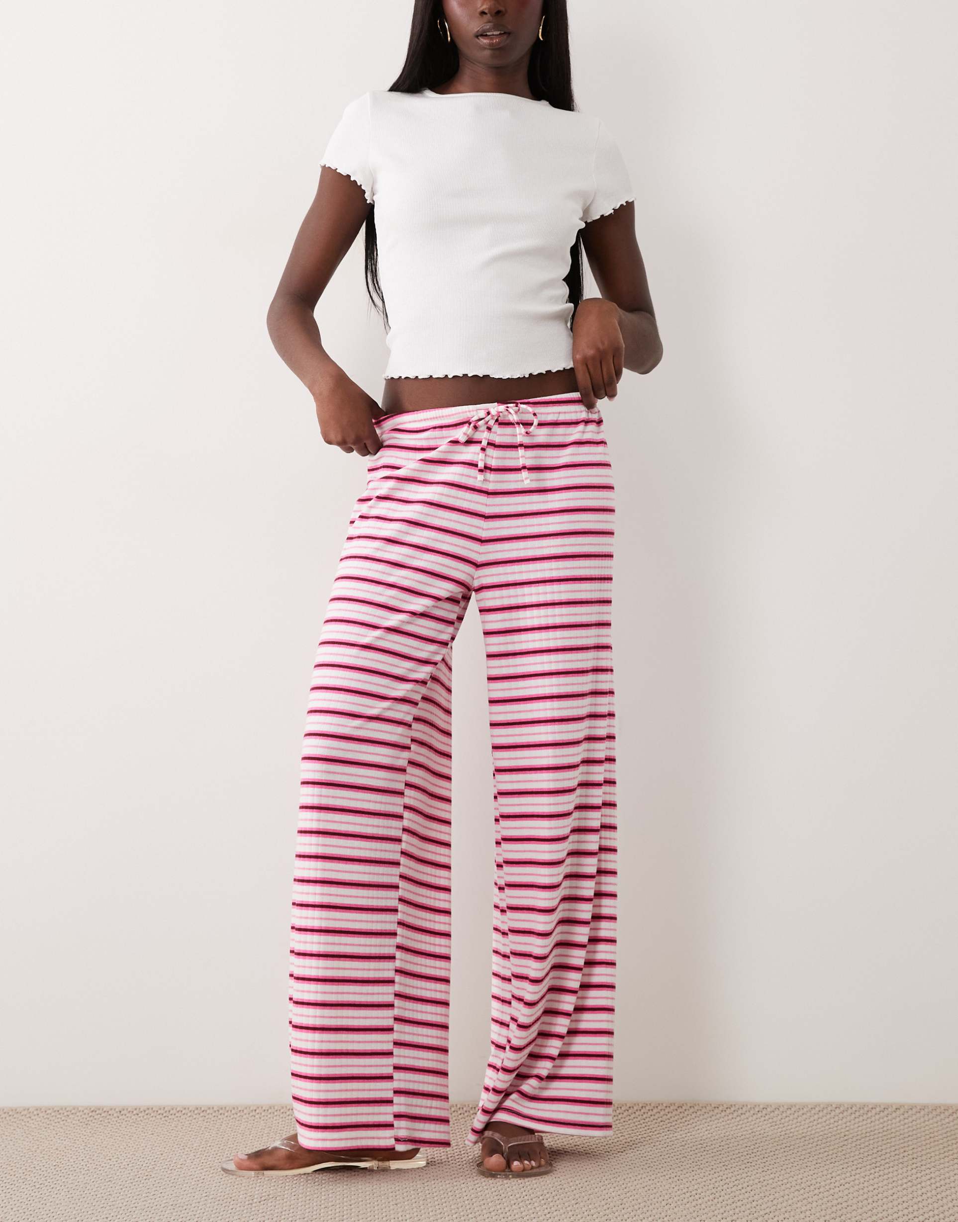 gina tricot supersoft jersey wide leg pants with drawstring waist in pink weekend stripe