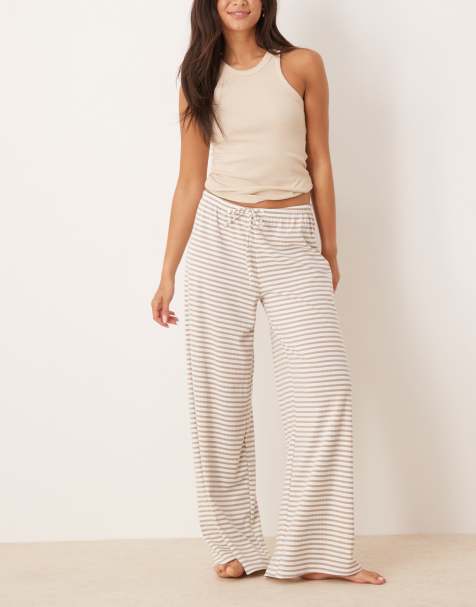 Gina Tricot supersoft jersey wide leg trousers with drawstring waist in white beige stripe - view 1