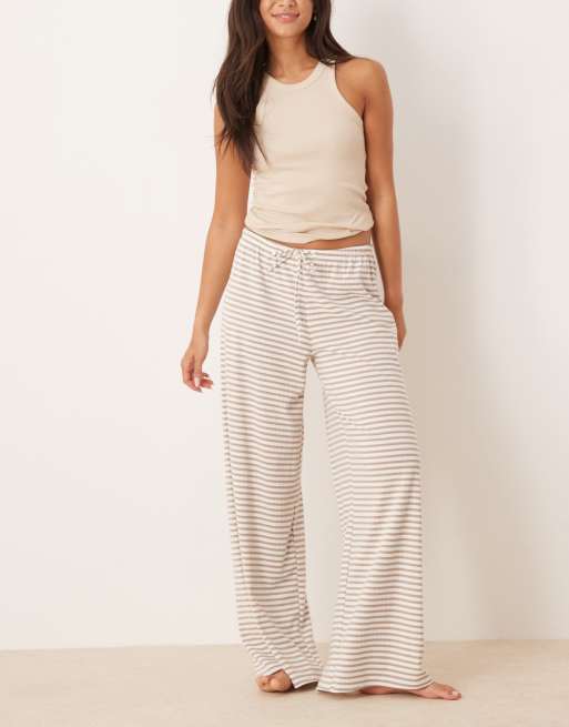Gina Tricot supersoft jersey wide leg trousers with drawstring waist in white beige stripe