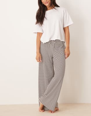 GINA TRICOT Gina Tricot supersoft jersey wide leg trousers with drawstring waist in white brown stripe