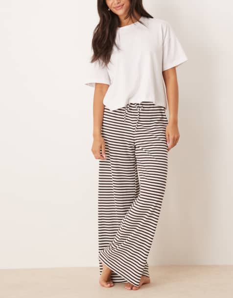 Gina Tricot supersoft jersey wide leg trousers with drawstring waist in white brown stripe - view 1
