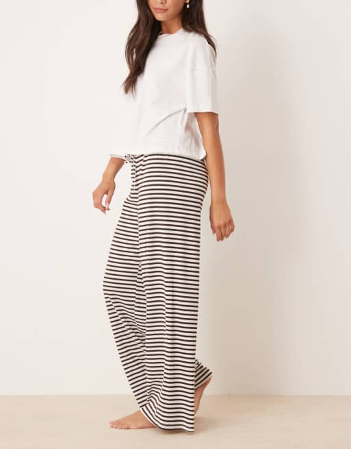 Gina Tricot supersoft jersey wide leg pants with drawstring waist in white brown stripe