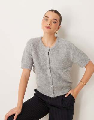 supersoft textured knit short sleeve cardigan in gray melange