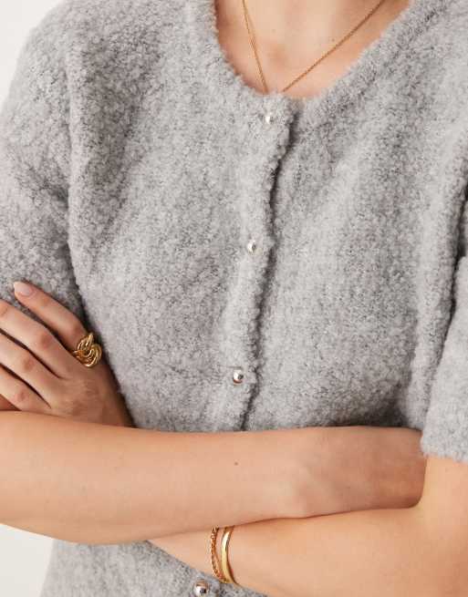 Gina Tricot supersoft textured knit short sleeve cardigan in gray melange