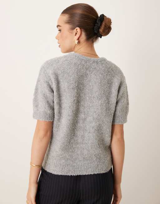 Gina Tricot supersoft textured knit short sleeve cardigan in gray melange
