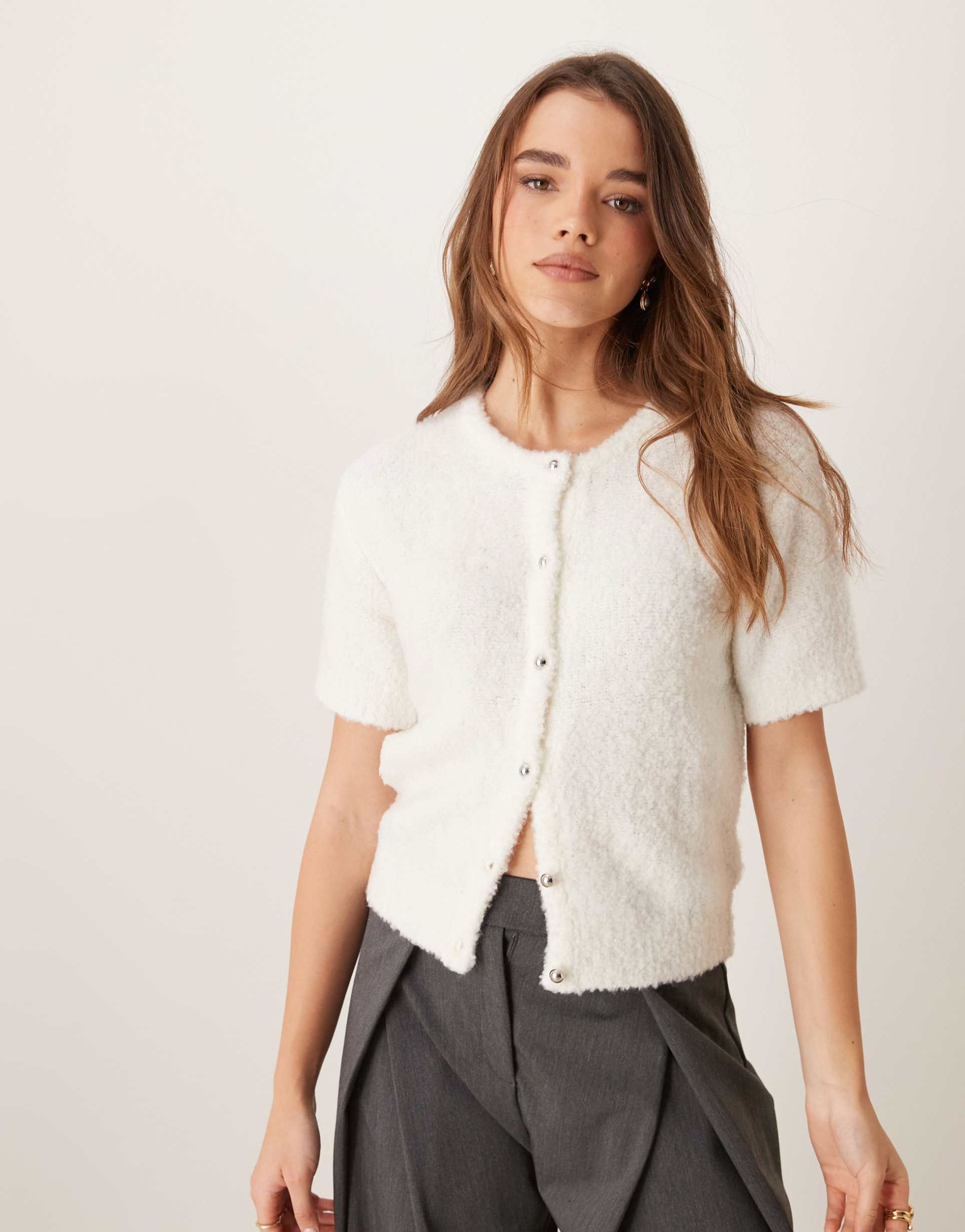 gina tricot supersoft textured knit short sleeve cardigan in off white