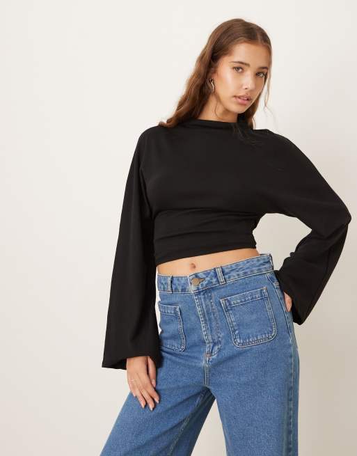 Gina Tricot – Svart topp med långa ärmar och knytning baktill