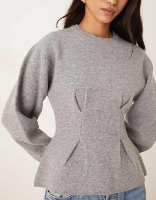 Gina Tricot - Sweat à manches longues structuré en maille avec col ras de cou et ourlet à basque - Gris moyen chiné, 2 de 4