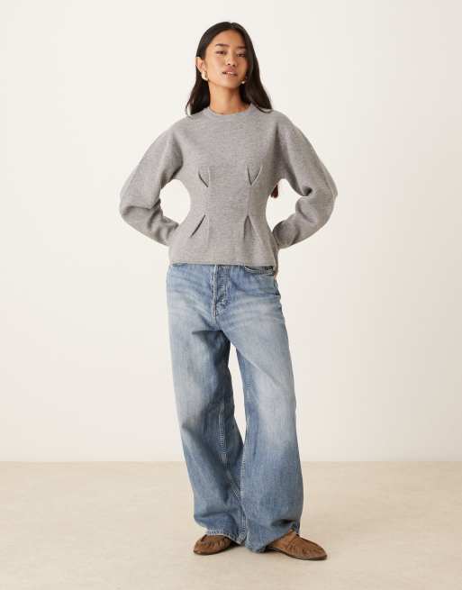 Gina Tricot - Sweat à manches longues structuré en maille avec col ras de cou et ourlet à basque - Gris moyen chiné, 3 de 4