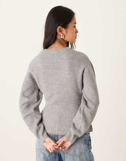 Gina Tricot - Sweat à manches longues structuré en maille avec col ras de cou et ourlet à basque - Gris moyen chiné, 4 de 4